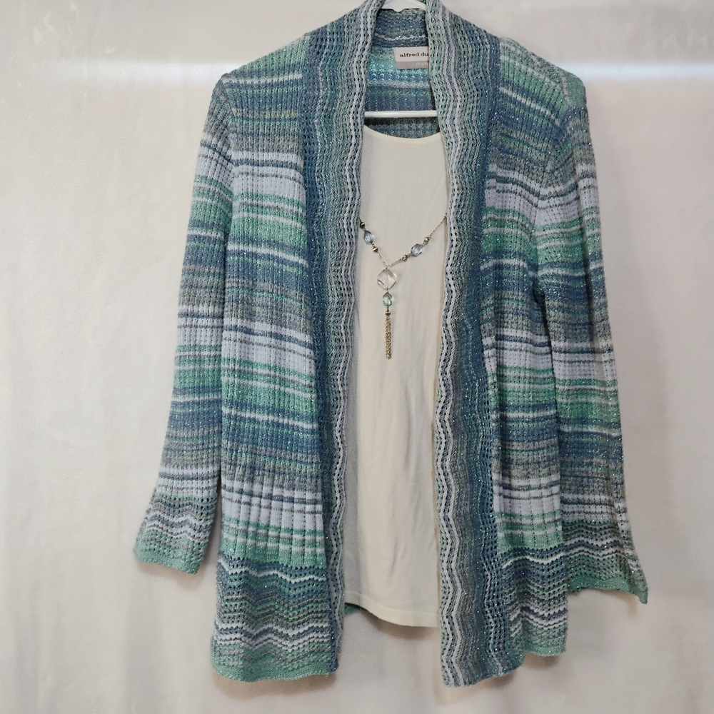Alfred Dunner Petite Medium Twofer Cardigan Shirt Blue Green Striped Necklace G
